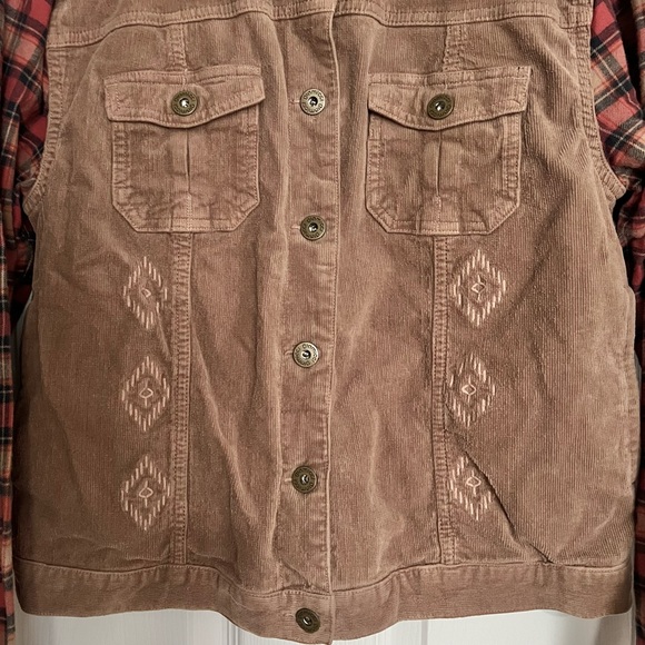 Rustic Fall Brown Cozy Warm Corduroy Utility Jacket Plaid Sleeves Western Barn - Picture 3 of 9